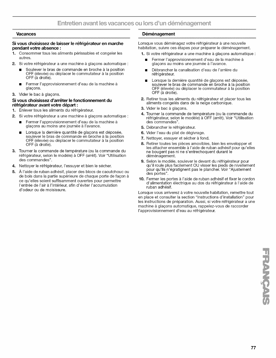 Si vous choisissez d’arrêter le fonctionnement du, Réfrigérateur avant votre départ | Kenmore ELITE W10215709A User Manual | Page 77 / 84