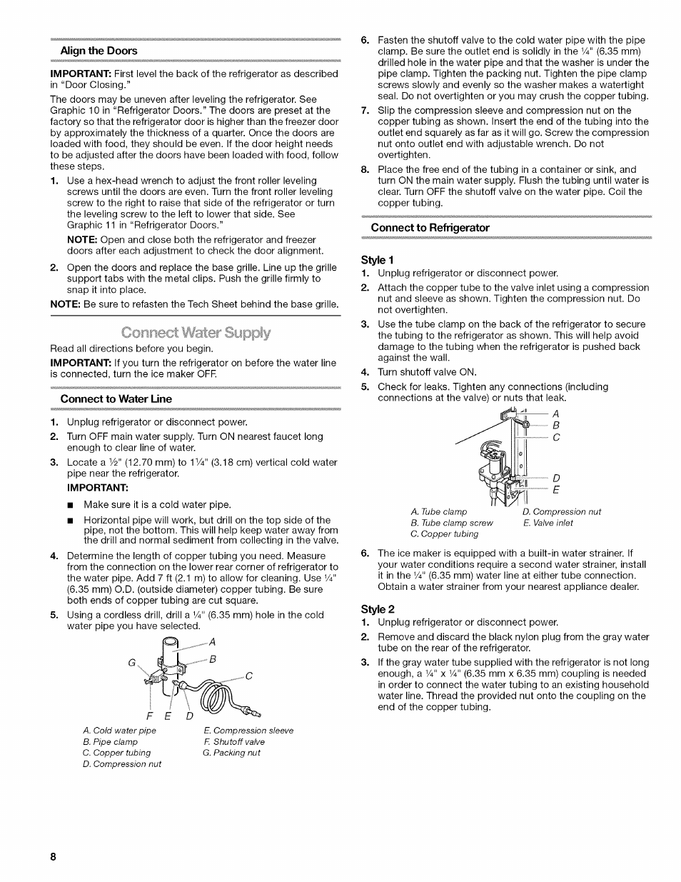 Align the doors, Connect to water line, Connect to refrigerator | Style 1, Style 2 | Kenmore ELITE W10215709A User Manual | Page 8 / 84