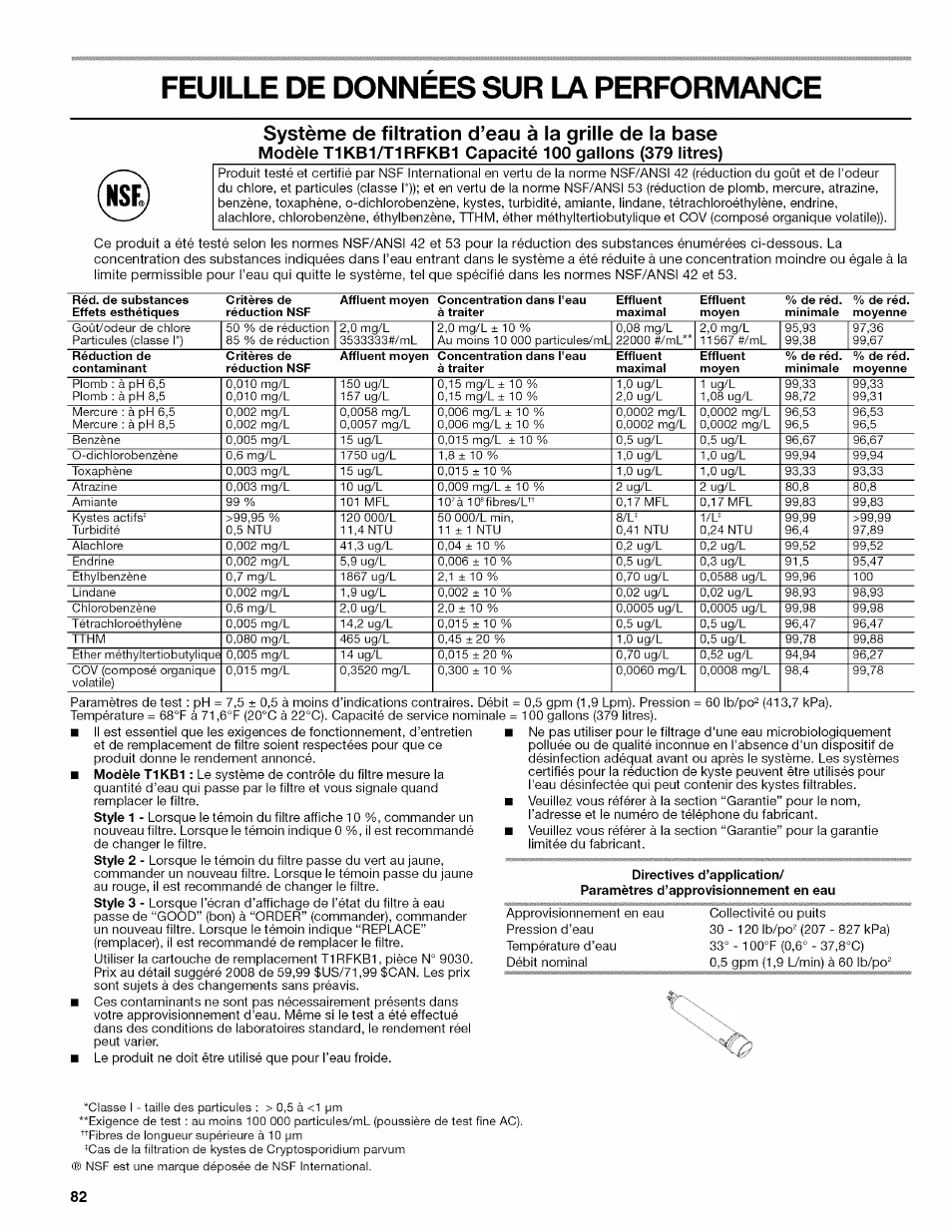 Feuille de donnees sur la performance, Système de filtration d’eau à la grille de la base, Feuille de données sur la performance | Kenmore ELITE W10215709A User Manual | Page 82 / 84