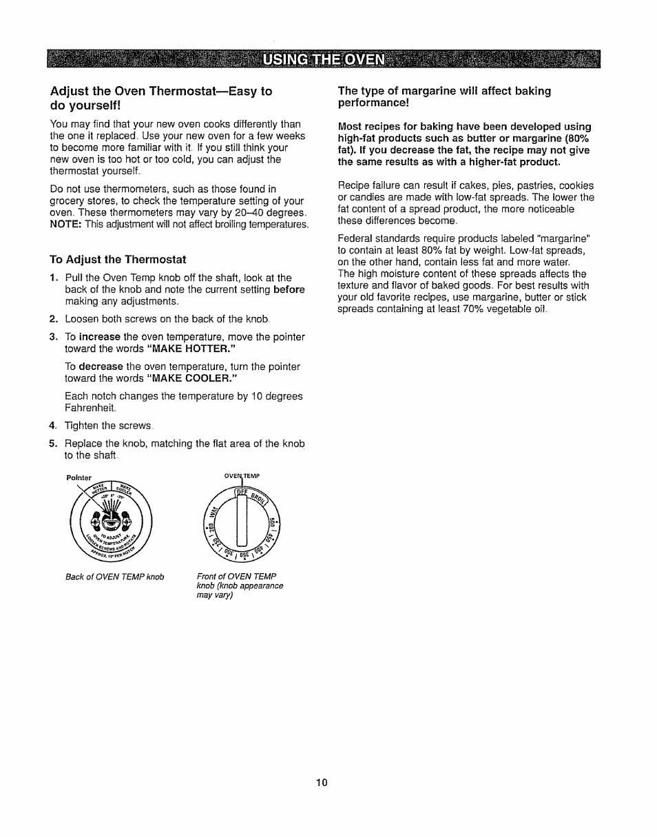 Adjust the oven thermostat—easy to do yourself, To adjust the thermostat, Using the oven | Kenmore 362.6278 User Manual | Page 10 / 48