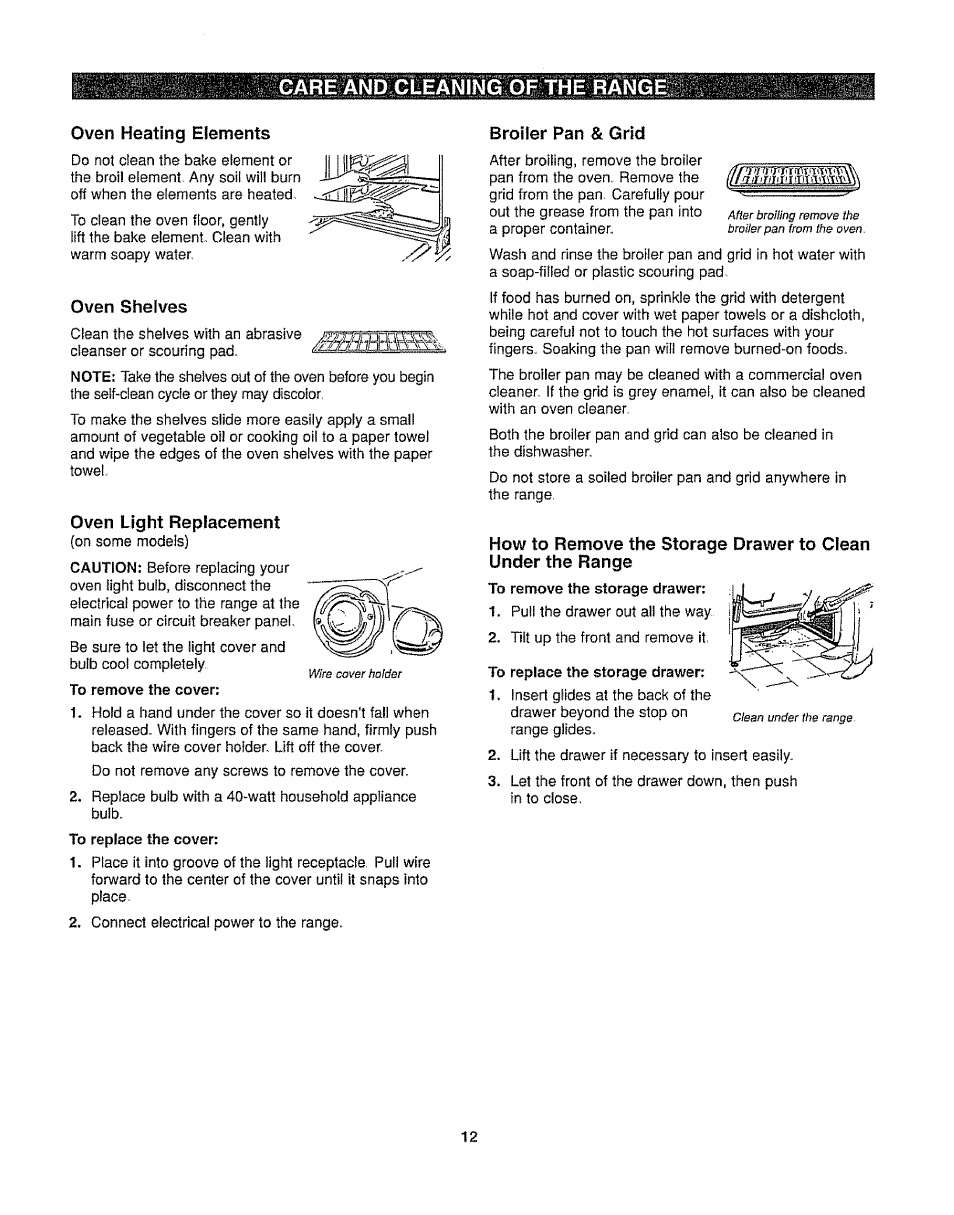 Oven heating elements, Oven shelves, Oven light replacement | Broiler pan & grid, Care and cleaning of the range | Kenmore 362.6278 User Manual | Page 12 / 48