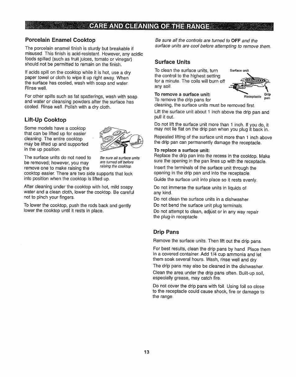 Porcelain enamel cooktop, Lift-up cooktop, Surface units | Drip pans, Care and cleaning of the range | Kenmore 362.6278 User Manual | Page 13 / 48
