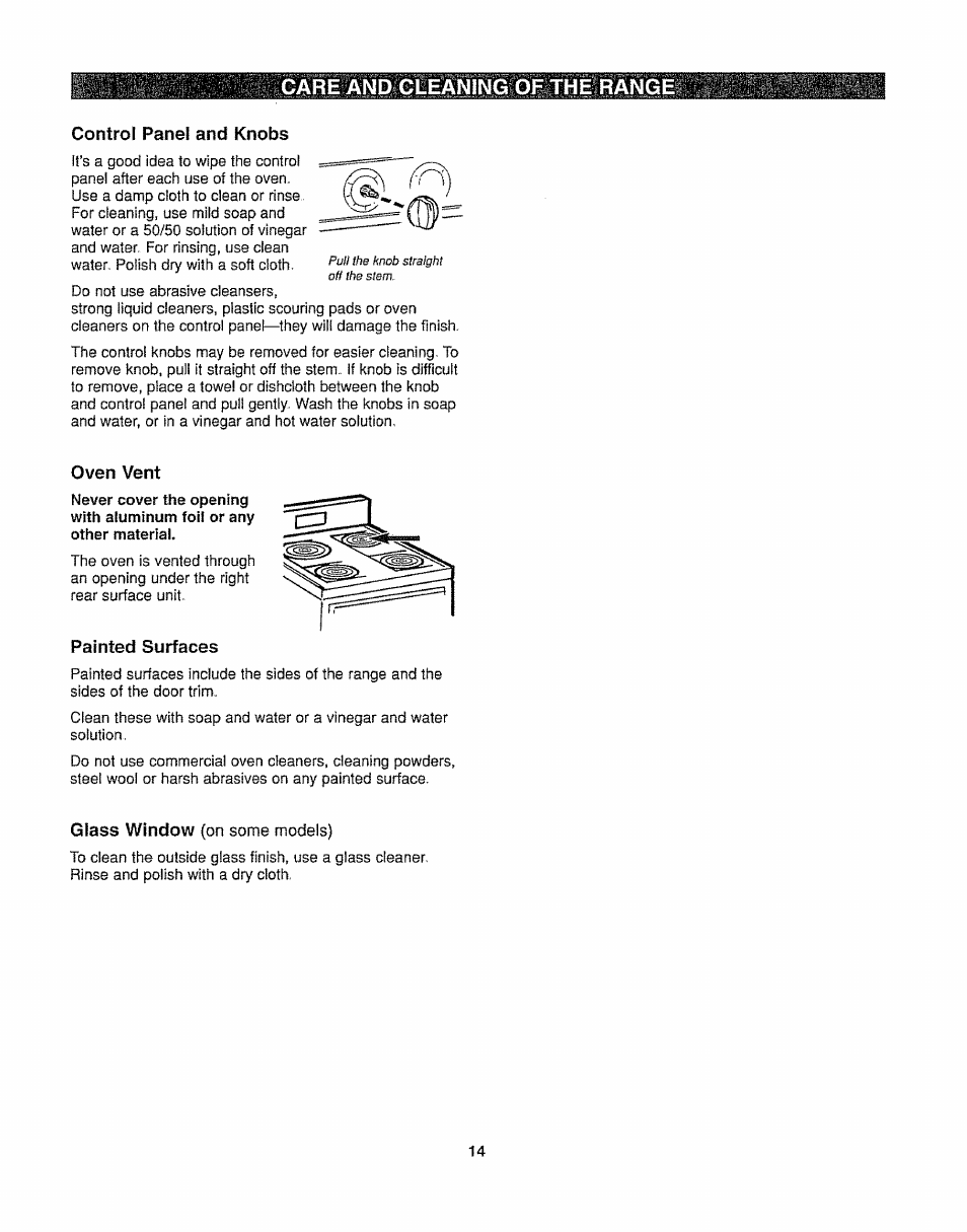 Control panel and knobs, Oven vent, Painted surfaces | Care and cleaning of the range | Kenmore 362.6278 User Manual | Page 14 / 48