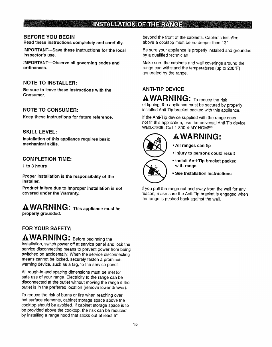 Before you begin, Note to installer, Note to consumer | Skill level, Completion time, Anti-tip device, Awarning, For your safety, Installation of the range | Kenmore 362.6278 User Manual | Page 15 / 48