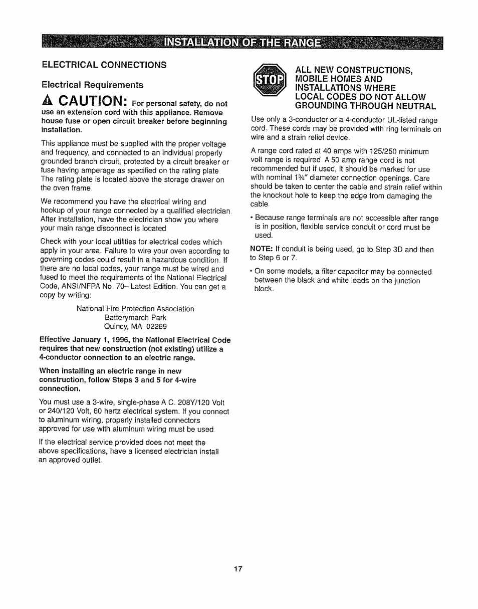 A caution, Installatíon of the range | Kenmore 362.6278 User Manual | Page 17 / 48