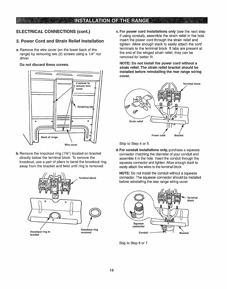 Electrical connections {coni), Power cord and strain relief installation, Ü? installation of the range | Kenmore 362.6278 User Manual | Page 18 / 48