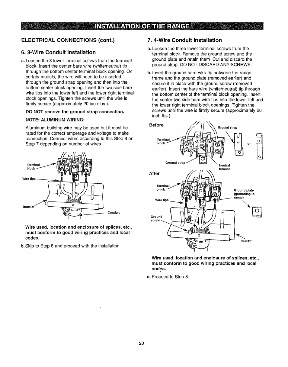 Electrical connections (cont), 3-wire conduit installation, 4-wlre conduit installation | Installation of the range | Kenmore 362.6278 User Manual | Page 20 / 48