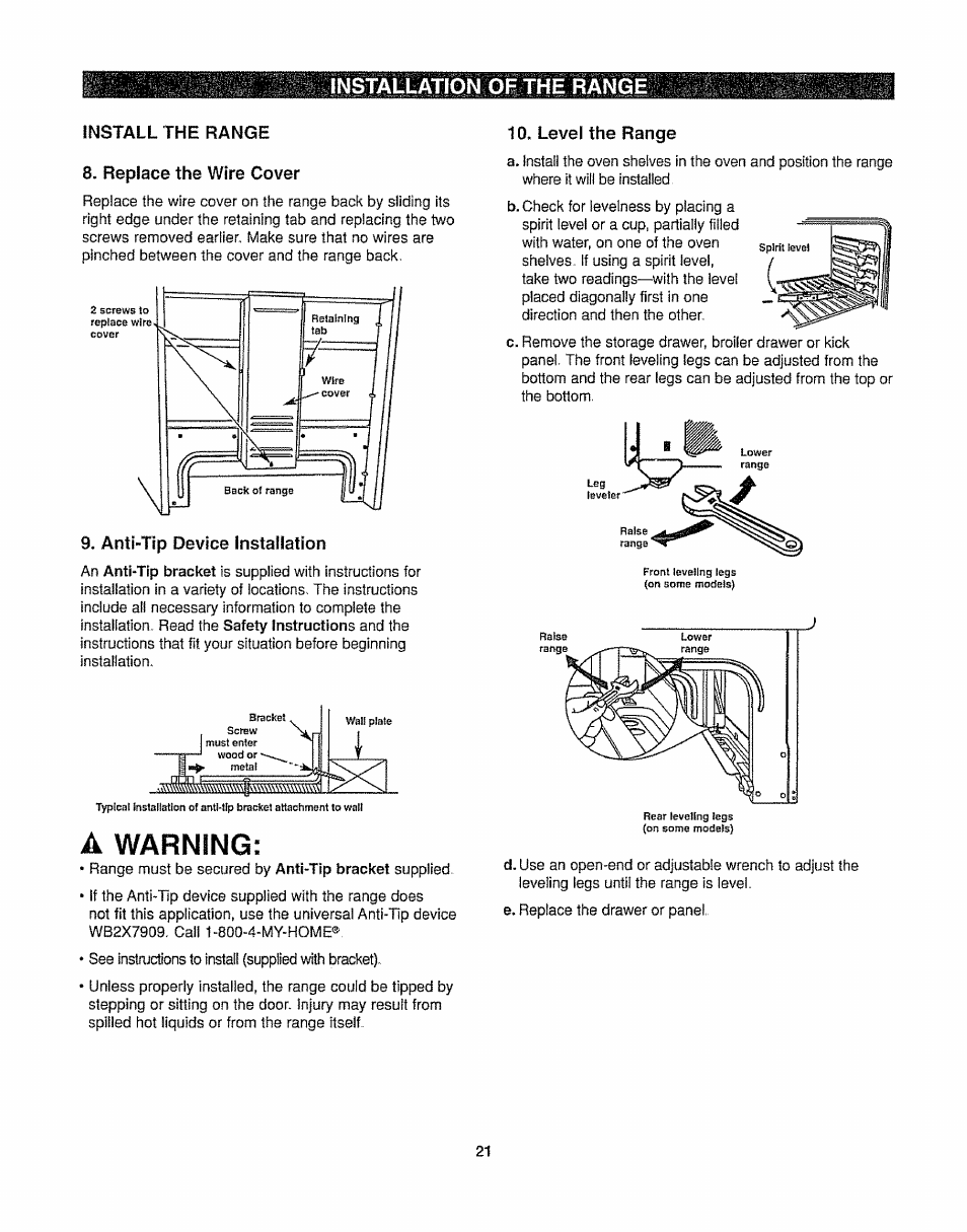 Install the range, Replace the wire cover, Anti-tip device installation | A warning, Level the range, Installation of the range | Kenmore 362.6278 User Manual | Page 21 / 48