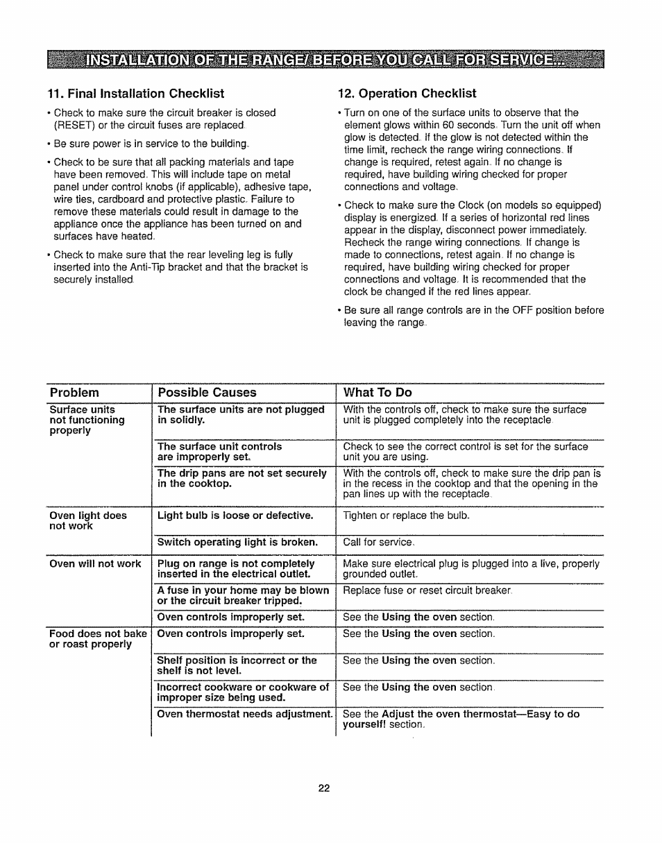 Final installation checklist, Operation checklist, Installation of the | Kenmore 362.6278 User Manual | Page 22 / 48