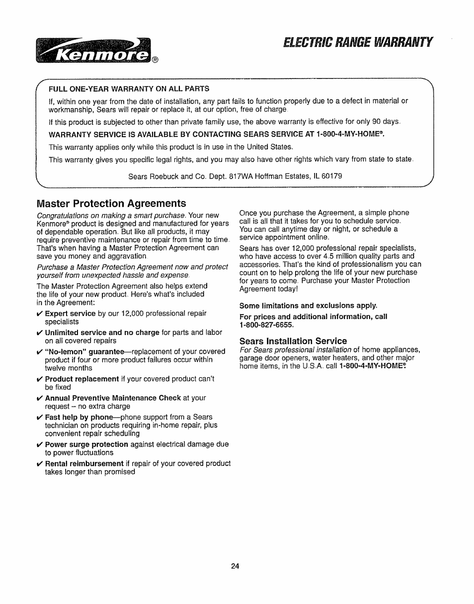 Sears installation service, Electric range warranty, Master protection agreements | Kenmore 362.6278 User Manual | Page 24 / 48