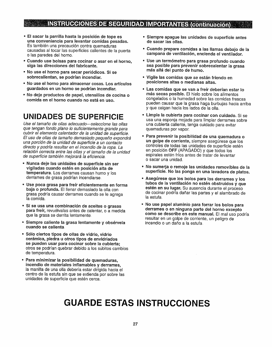 Guarde estas instrucciones, Unidades de superficie | Kenmore 362.6278 User Manual | Page 27 / 48