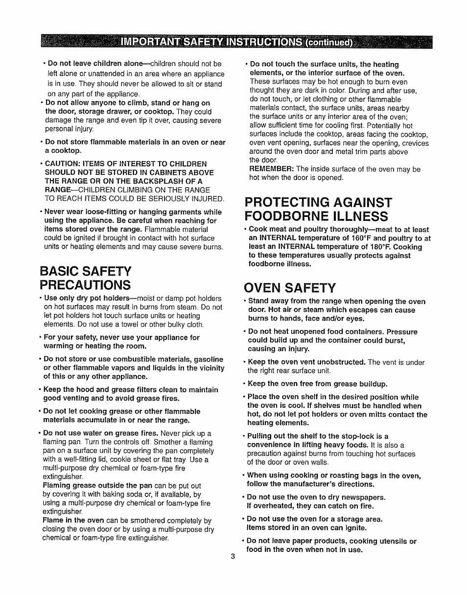 Basic safety precautions, Protecting against foodborne illness, Oven safety | Important safety instructions (continued) | Kenmore 362.6278 User Manual | Page 3 / 48