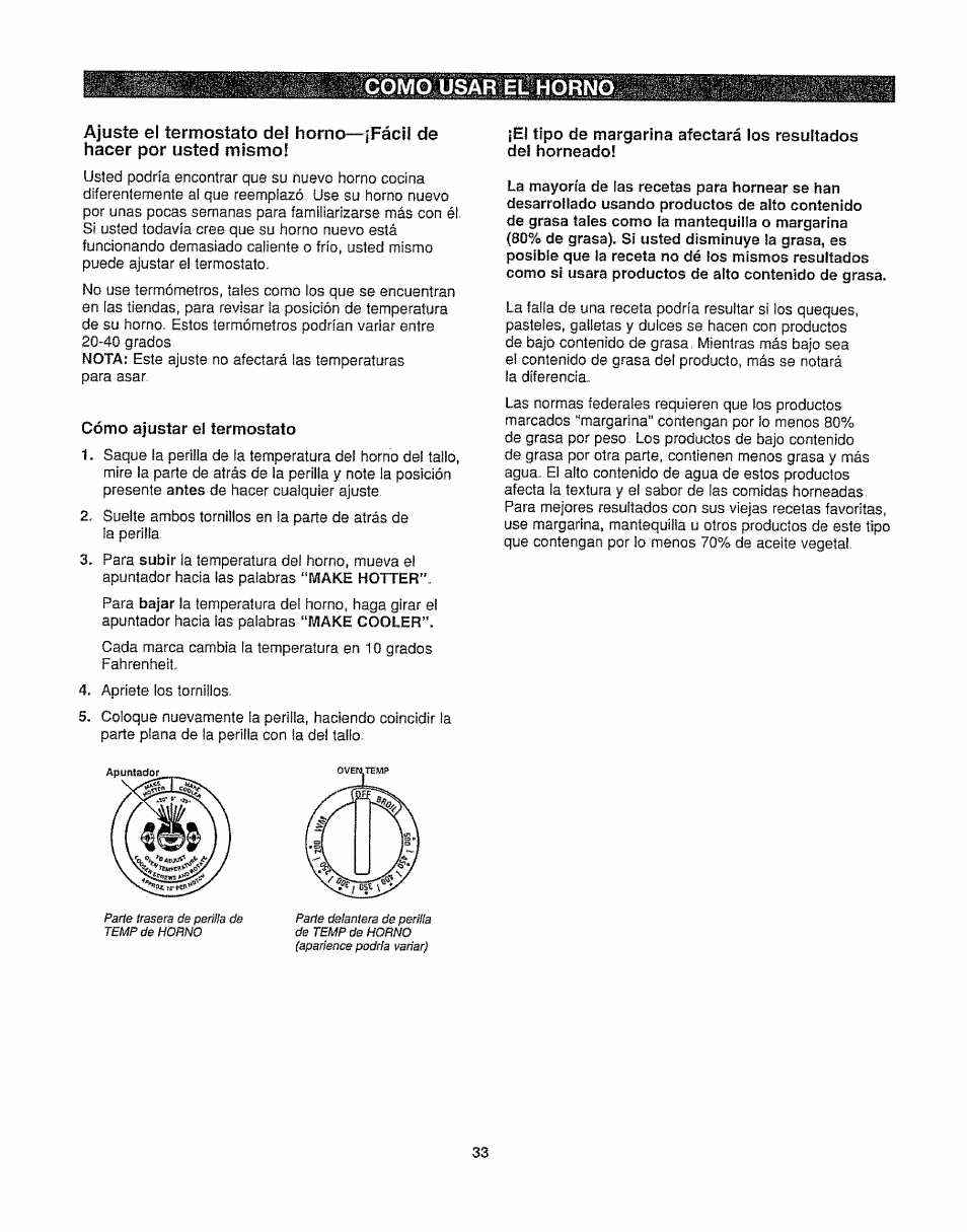 Cómo ajustar el termostato, Como usar el horno | Kenmore 362.6278 User Manual | Page 33 / 48