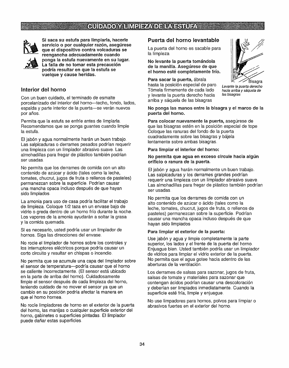 Interior del horno, Puerta dei horno levantable | Kenmore 362.6278 User Manual | Page 34 / 48