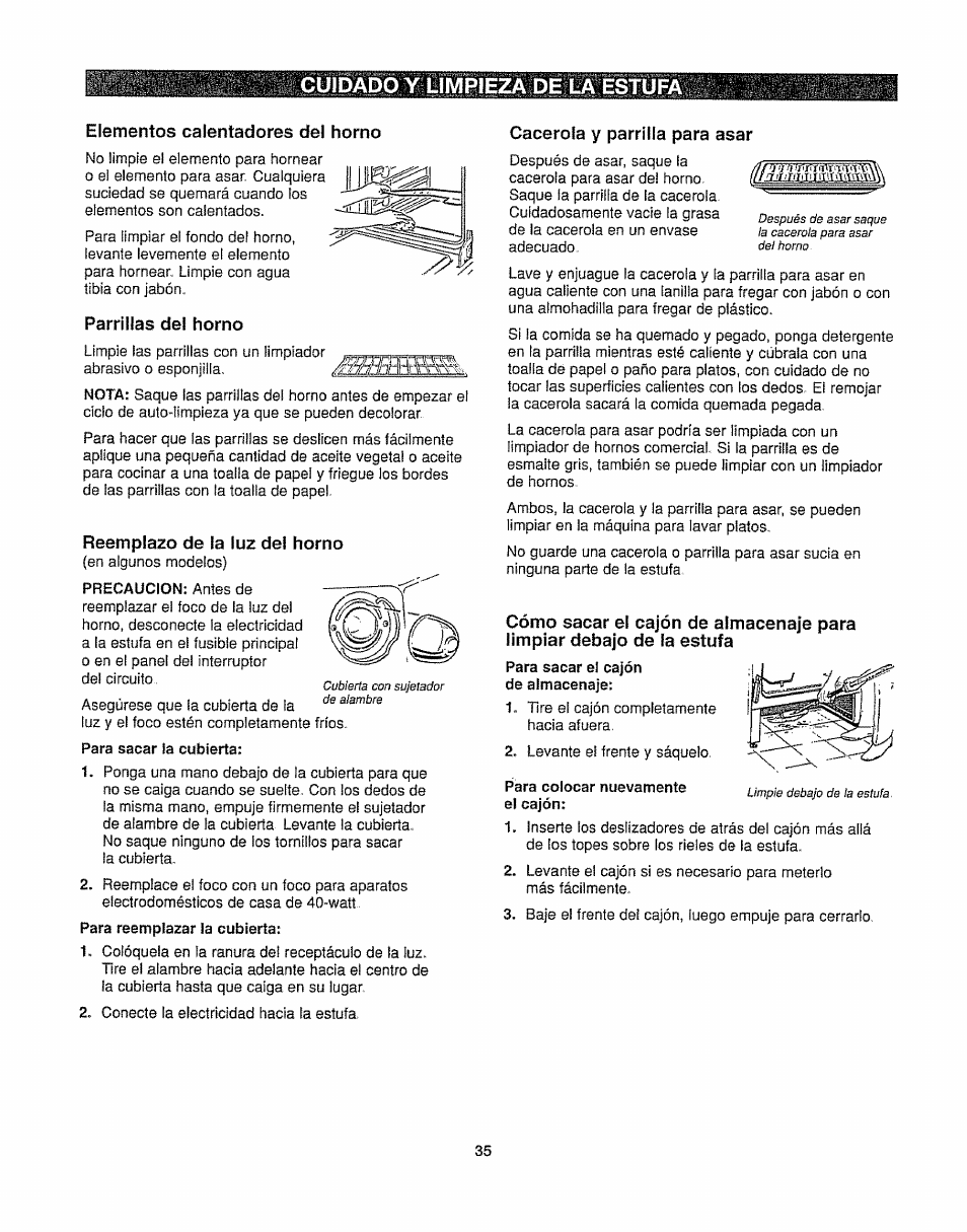 Elementos calentadores del horno, Parrillas del horno, Reemplazo de la luz del horno | Cacerola y parrilla para asar, Cuidado y limpieza de la estufa | Kenmore 362.6278 User Manual | Page 35 / 48