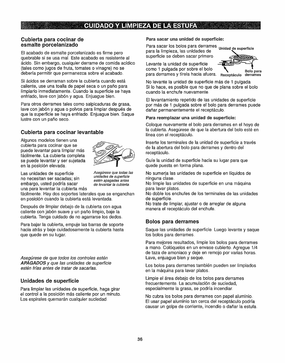 Cubierta para cocinar de esmalte porcelanizado, Cubierta para cocinar levantable, Unidades de superficie | Bolos para derrames, Cuidado y limpieza de la estufa | Kenmore 362.6278 User Manual | Page 36 / 48