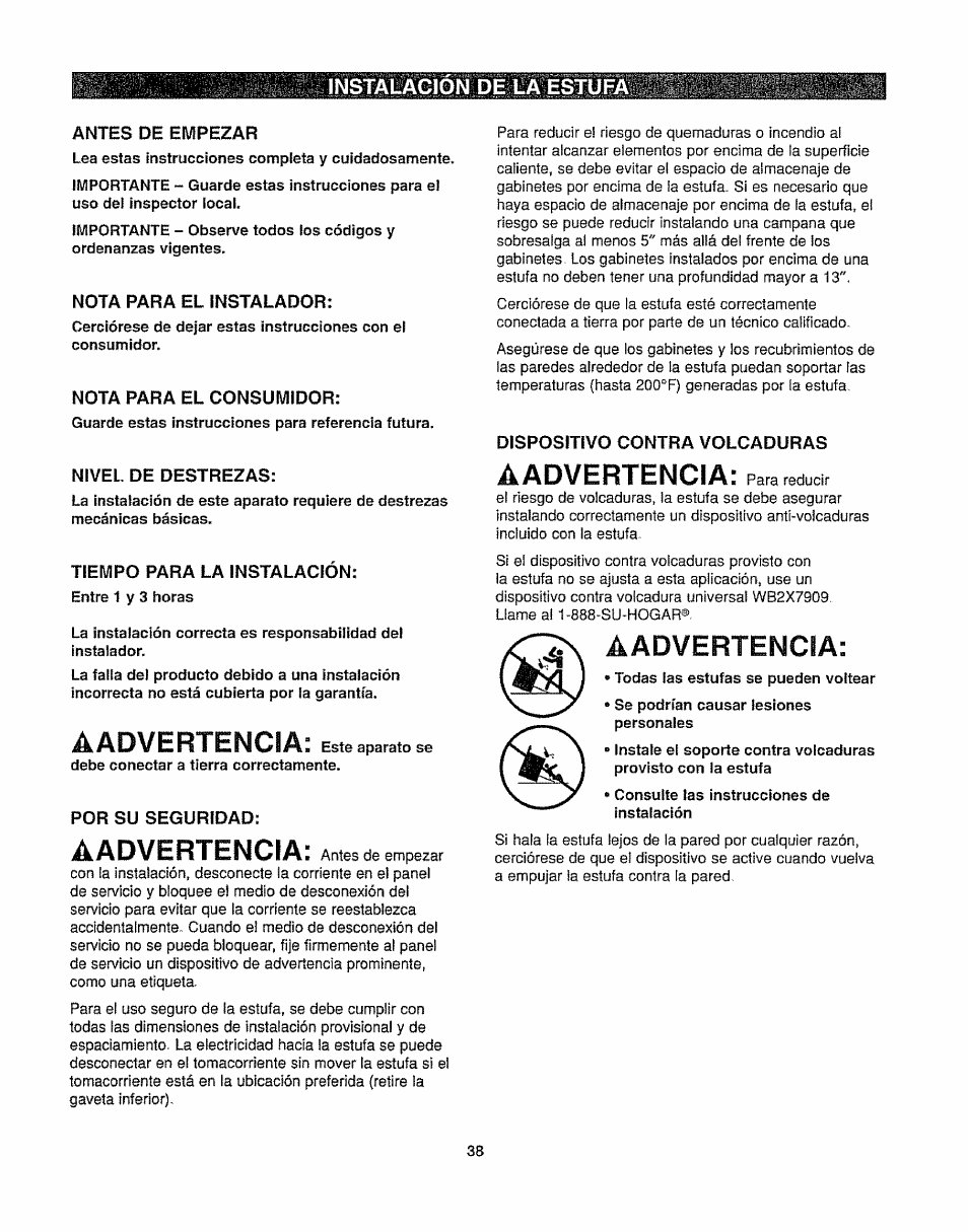 Antes de empezar, Nota para el instalador, Nota para el consumidor | Nivel de destrezas, Tiempo para la instalación, Aadvertencia, Por su seguridad, Instalacion de la estufa | Kenmore 362.6278 User Manual | Page 38 / 48