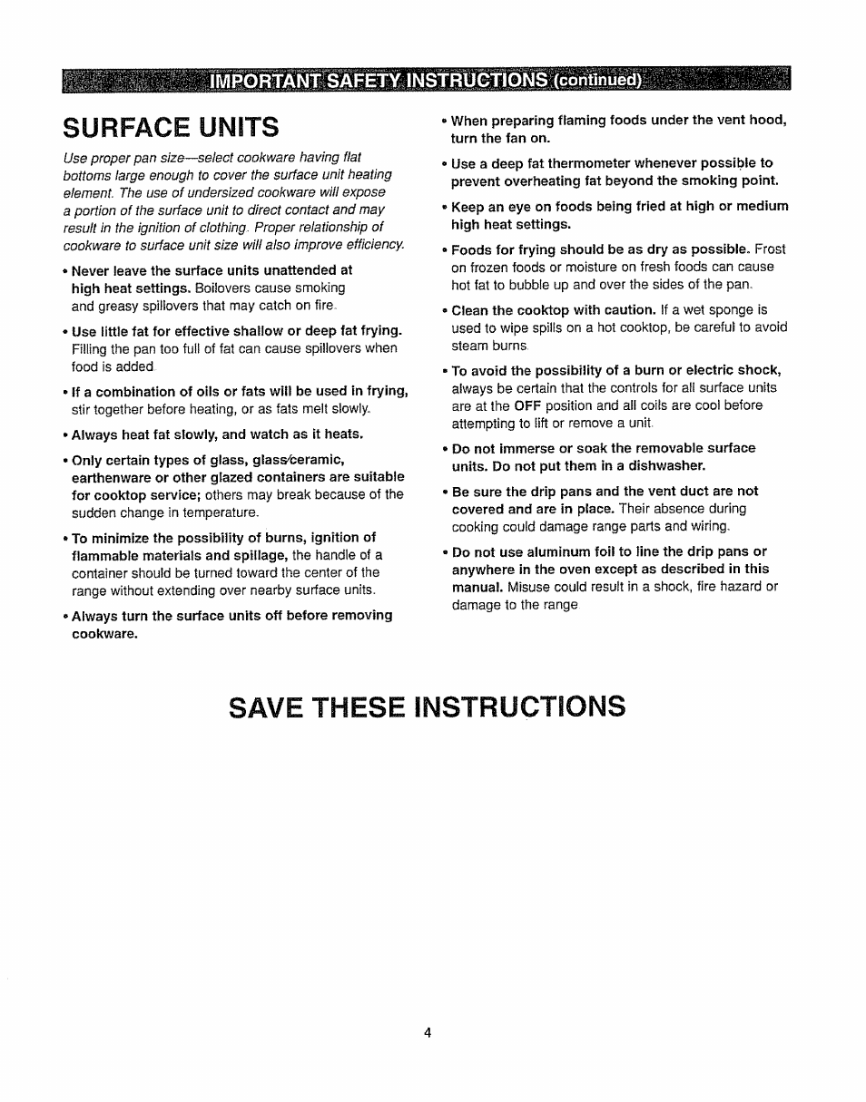 Surface units, Save these instructions, Important safety instructions (continued) | Kenmore 362.6278 User Manual | Page 4 / 48