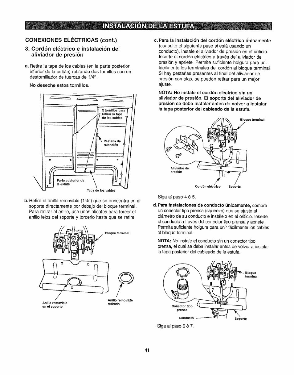 Conexiones electricas (cont.), Instalacion de la estufa | Kenmore 362.6278 User Manual | Page 41 / 48