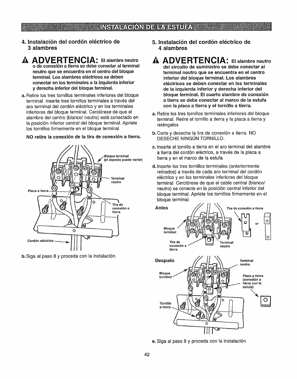 Instalación del cordón eléctrico de 3 alambres, Instalación dei cordón eléctrico de 4 alambres, A advertencia | Advertencia, Nstalátlóñ de là ésxüfa | Kenmore 362.6278 User Manual | Page 42 / 48