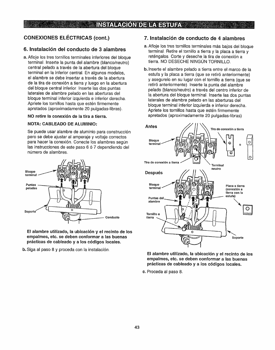 Conexiones eléctricas (coni), Instalación del conducto de 3 alambres, Instalación de conducto de 4 alambres | Instalacion de la estufa, Ll©iíl, Ff l’líbíkp | Kenmore 362.6278 User Manual | Page 43 / 48