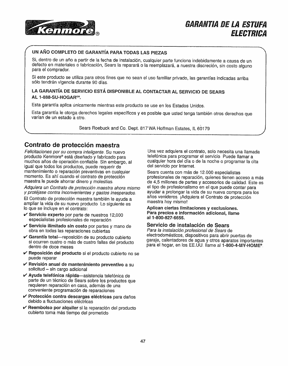 Servicio de instalación de sears, Garantía dela estufa electrica, Contrato de protección maestra | Kenmore 362.6278 User Manual | Page 47 / 48