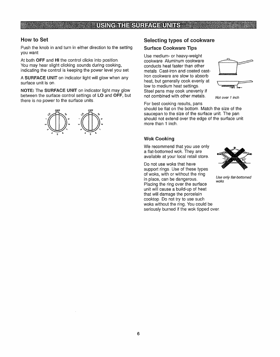 How to set, Selecting types of cookware, Wok cooking | Fafe»mai«jee«a | Kenmore 362.6278 User Manual | Page 6 / 48