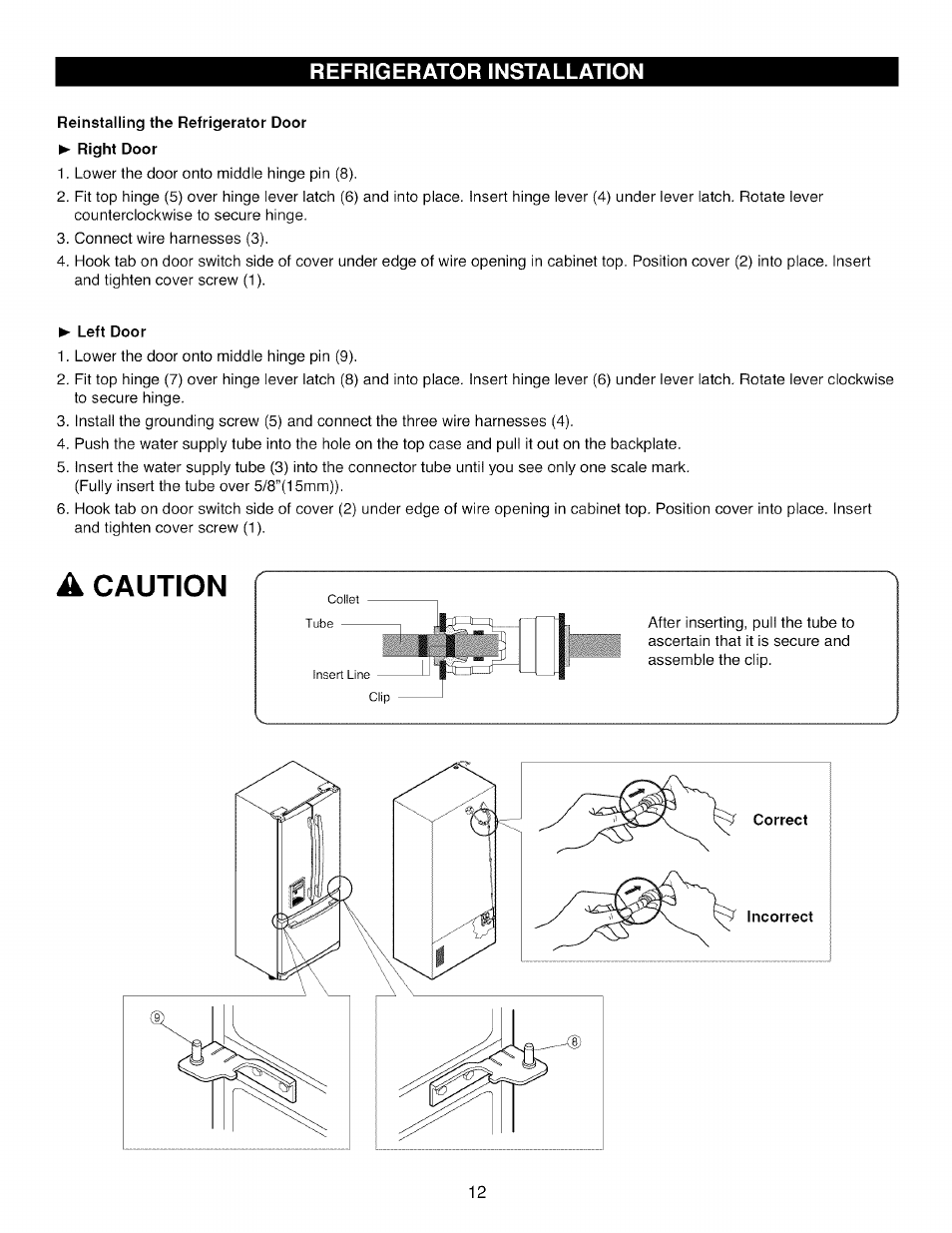 Reinstalling the refrigerator door, Left door, A caution | Caution, Refrigerator installation | Kenmore TRIO 795.785 User Manual | Page 12 / 36