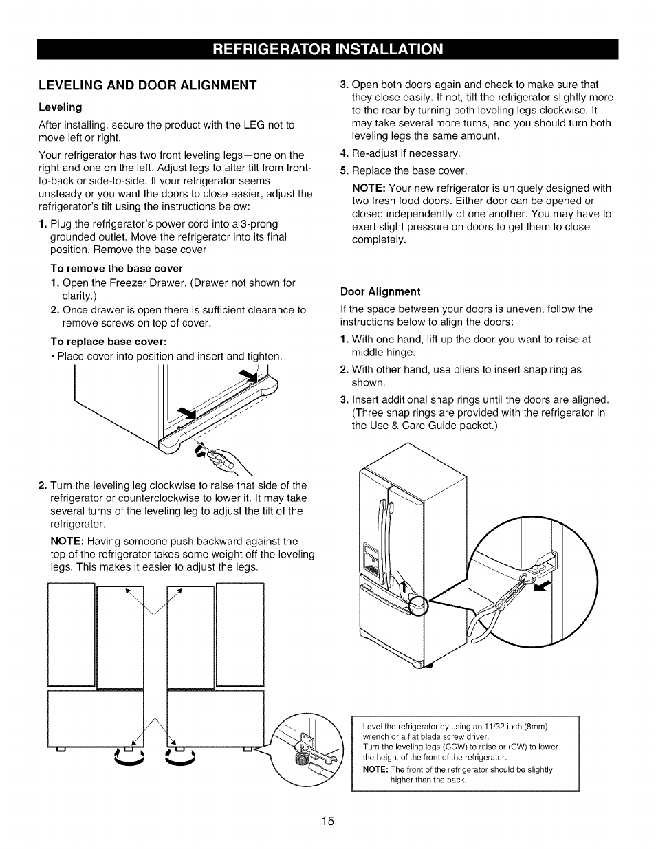 Leveling and door alignment, Leveling, To remove the base cover | Door alignment, Refrigerator installation | Kenmore TRIO 795.785 User Manual | Page 15 / 36