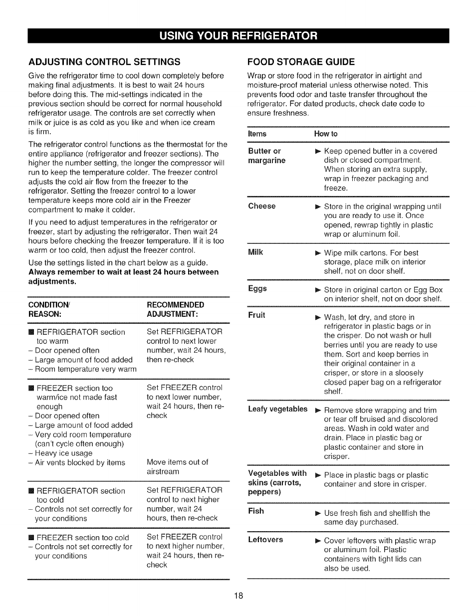 Adjusting control settings, Food storage guide, Using your refrigerator | Kenmore TRIO 795.785 User Manual | Page 18 / 36