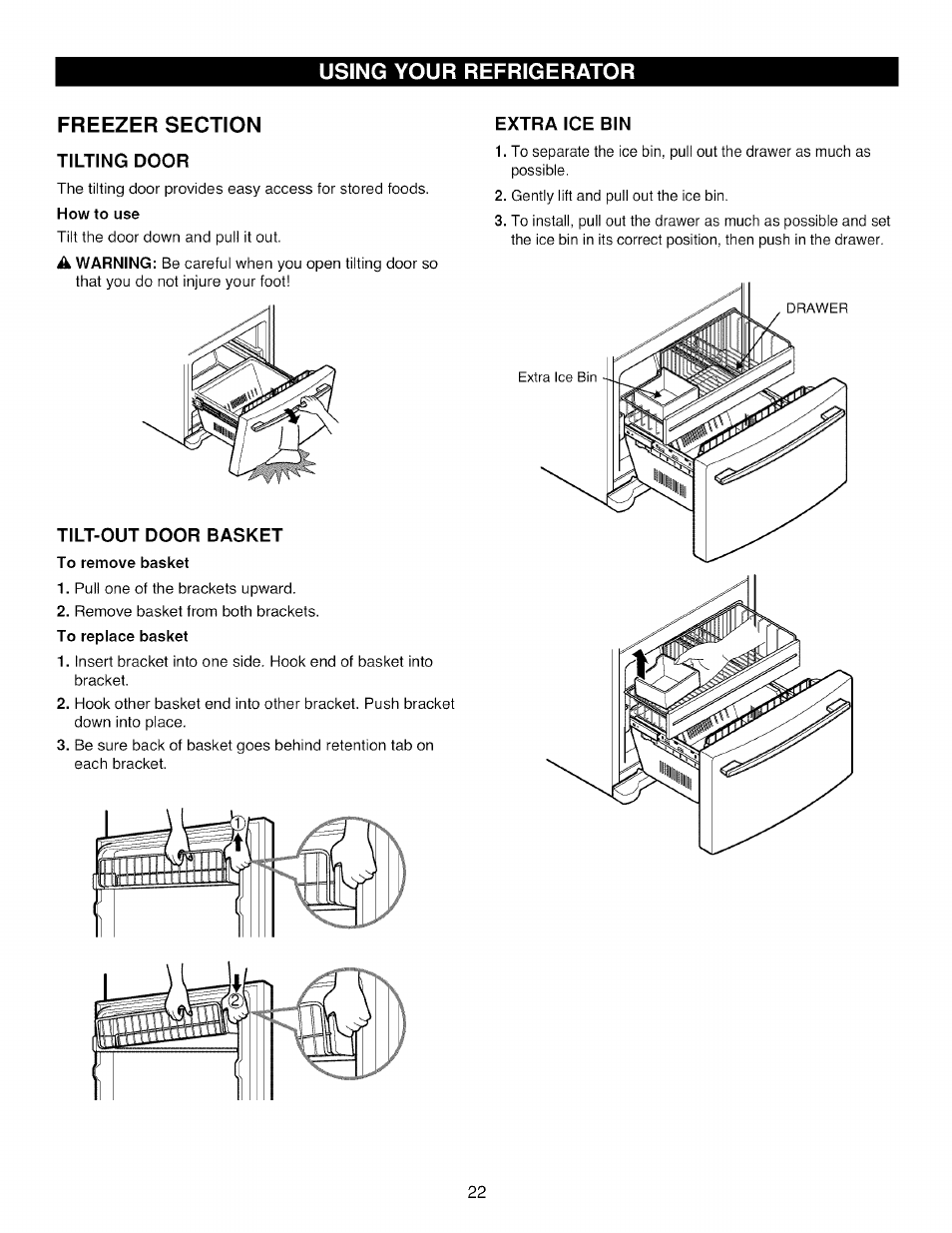 Freezer section, Tilting door, Tilt-out door basket | To remove basket, Extra ice bin | Kenmore TRIO 795.785 User Manual | Page 22 / 36