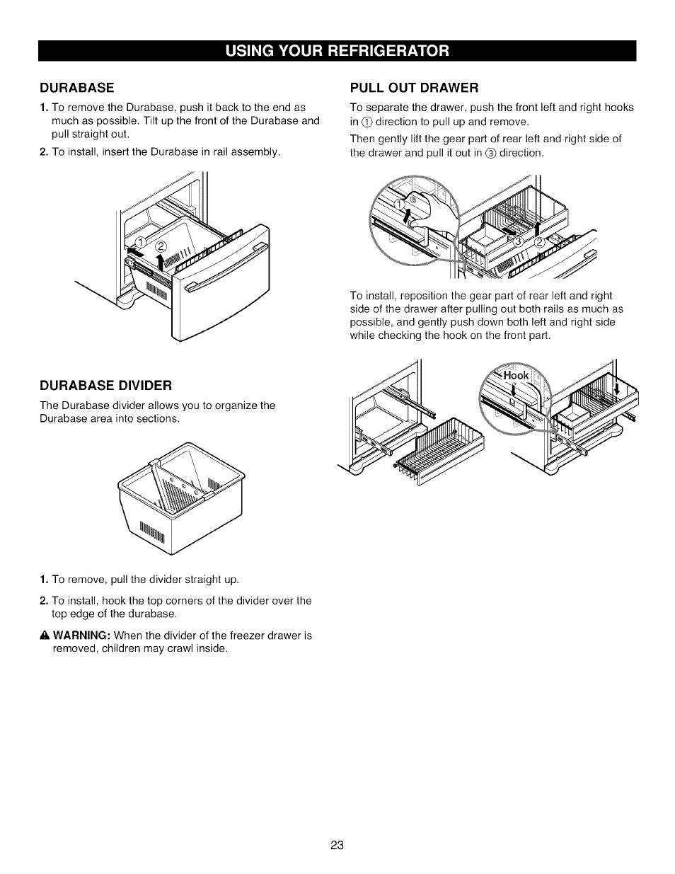 Durabase, Pull out drawer, Durabase divider | Using your refrigerator | Kenmore TRIO 795.785 User Manual | Page 23 / 36