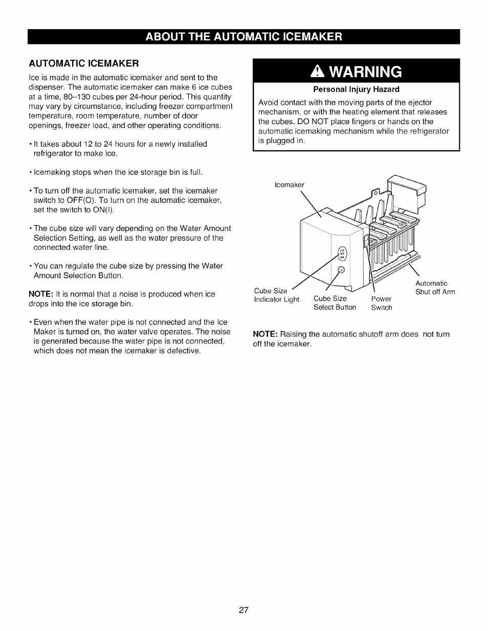 Automatic icemaker, A warning, Warning | Kenmore TRIO 795.785 User Manual | Page 27 / 36