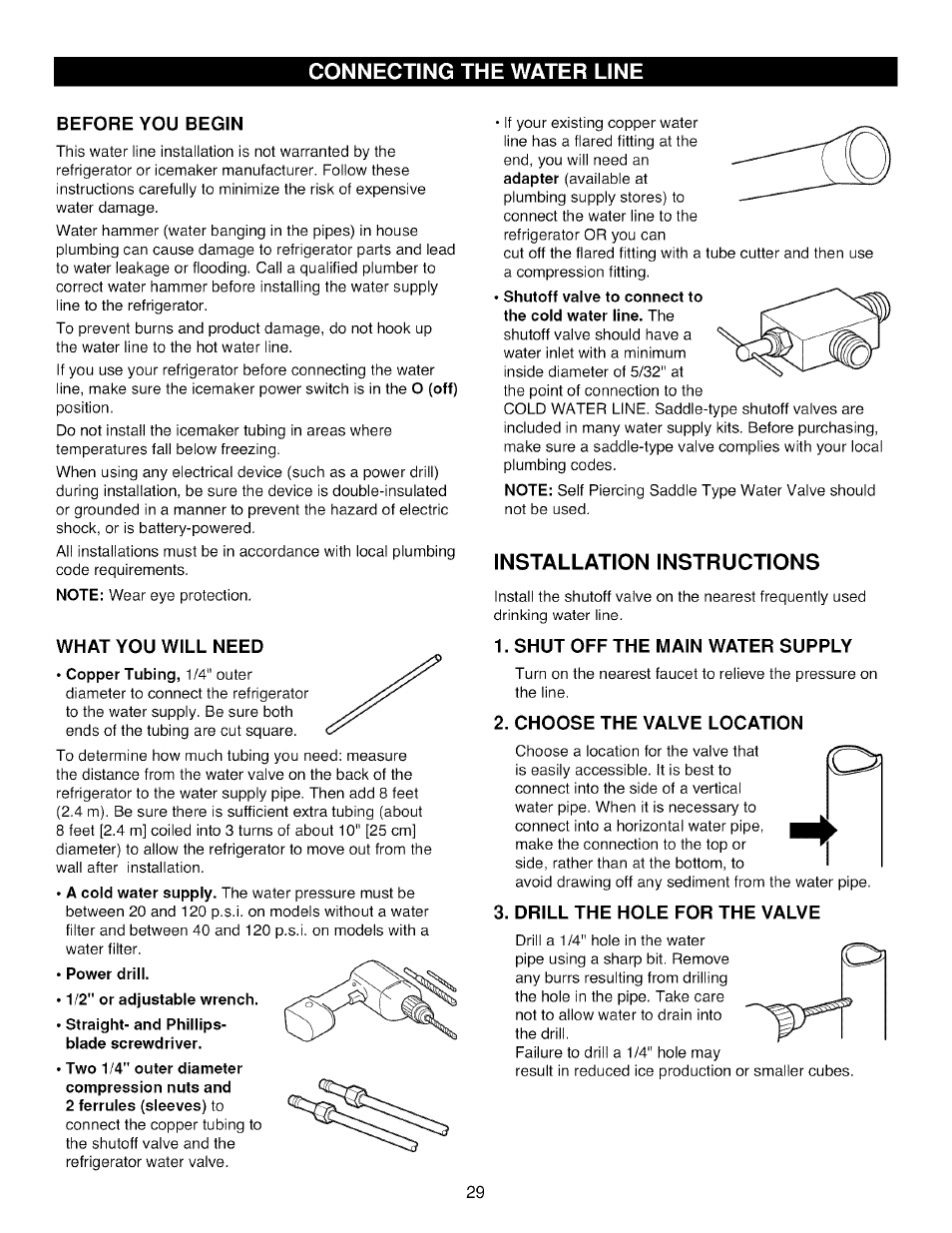 Before you begin, What you will need, Power drill | Installation instructions, Shut off the main water supply, Choose the valve location, Drill the hole for the valve, Connecting the water line | Kenmore TRIO 795.785 User Manual | Page 29 / 36