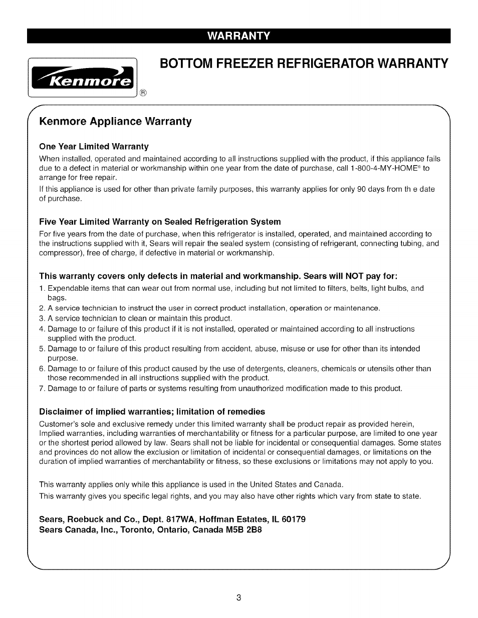 Warranty, Kenmore appliance warranty, Bottom freezer refrigerator warranty | Kenmore TRIO 795.785 User Manual | Page 3 / 36