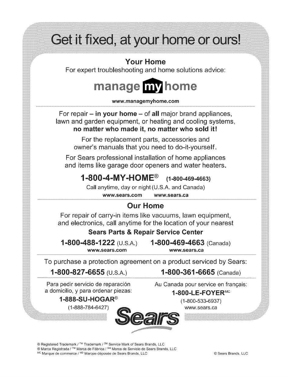 888-su-hogar, Manage lifh home, Your home | Our home | Kenmore TRIO 795.785 User Manual | Page 36 / 36