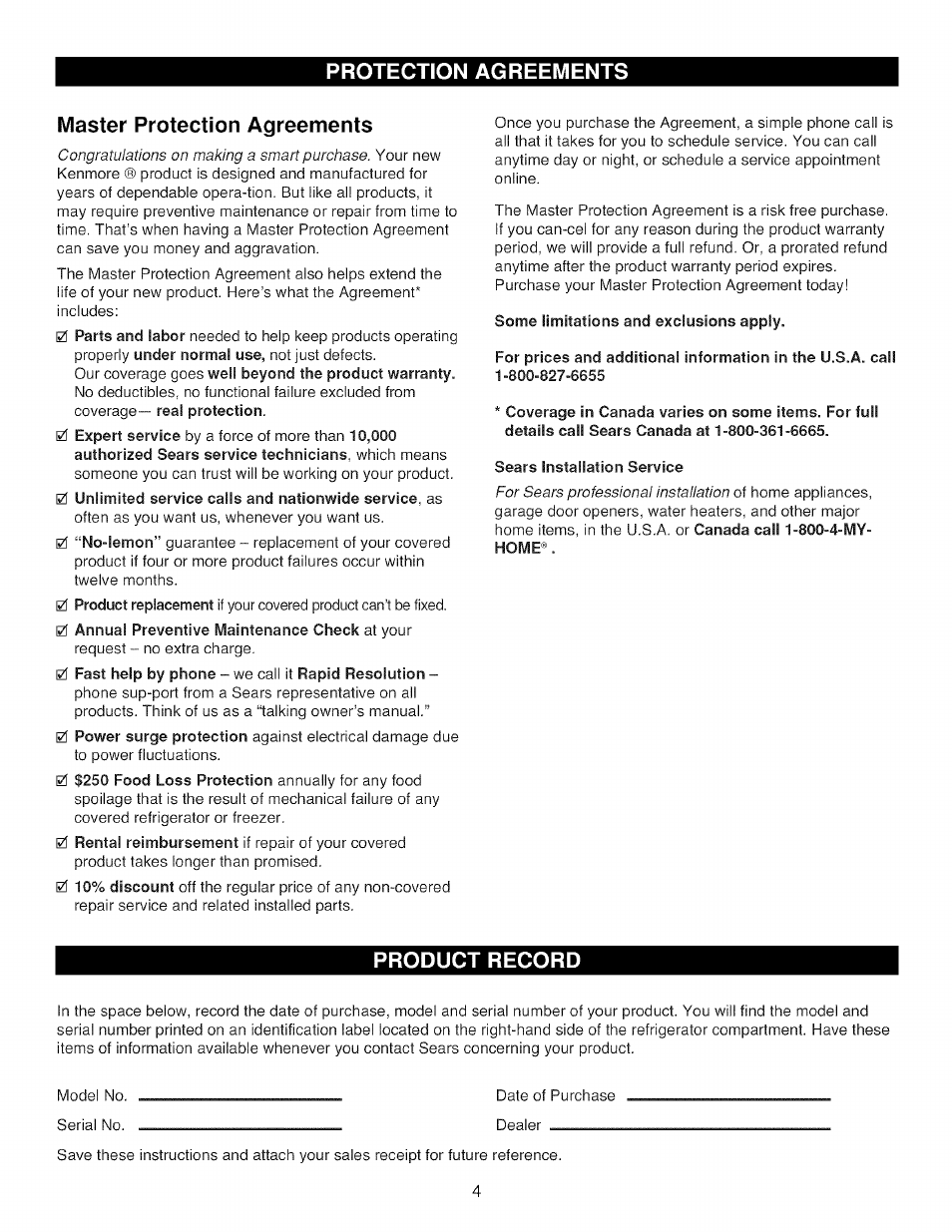 Protection agreements, Master protection agreements, Some limitations and exclusions apply | Sears installation service, Product record, Protection agreements master protection agreements | Kenmore TRIO 795.785 User Manual | Page 4 / 36