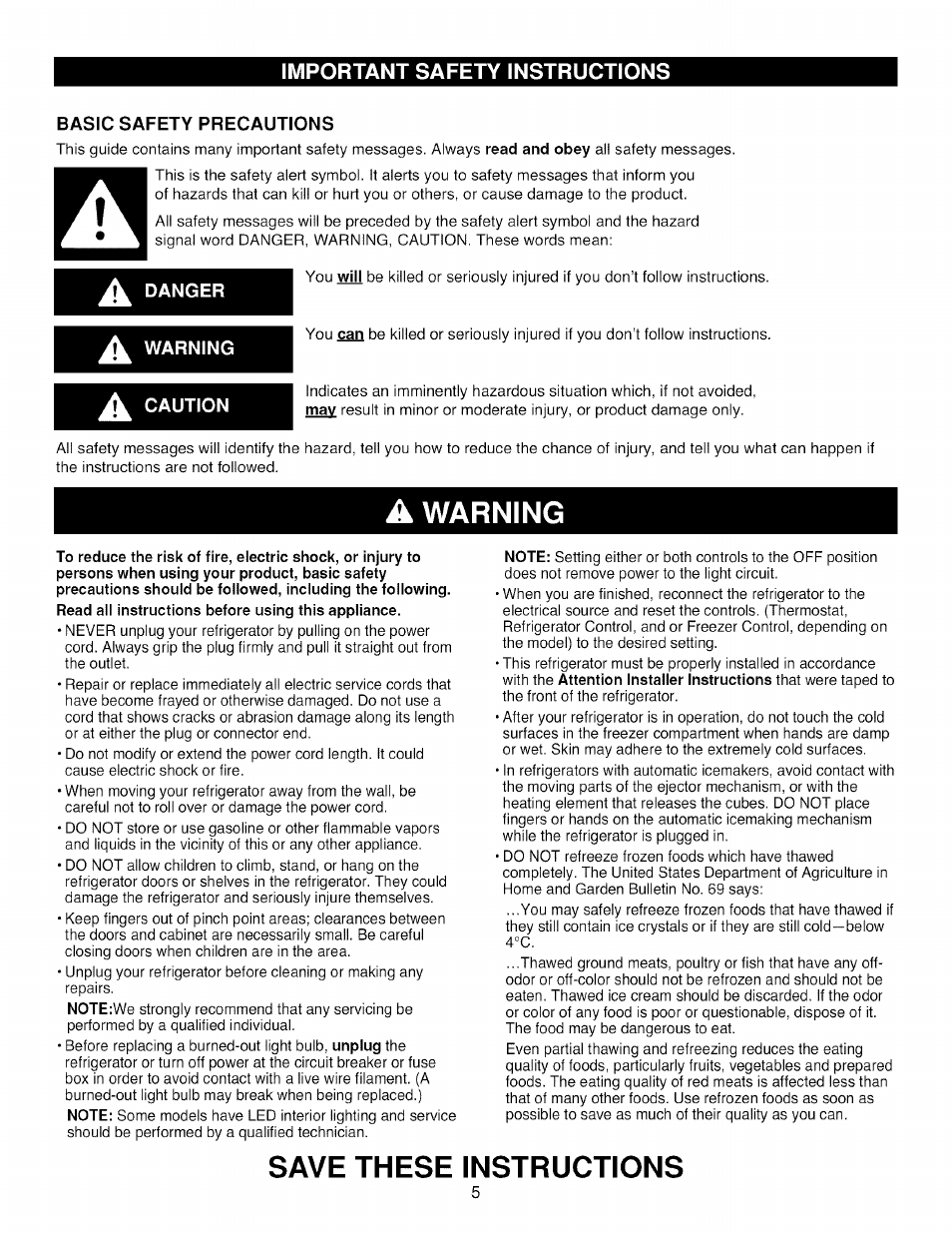 Basic safety precautions, Warning, A caution | A warning, Save these instructions | Kenmore TRIO 795.785 User Manual | Page 5 / 36