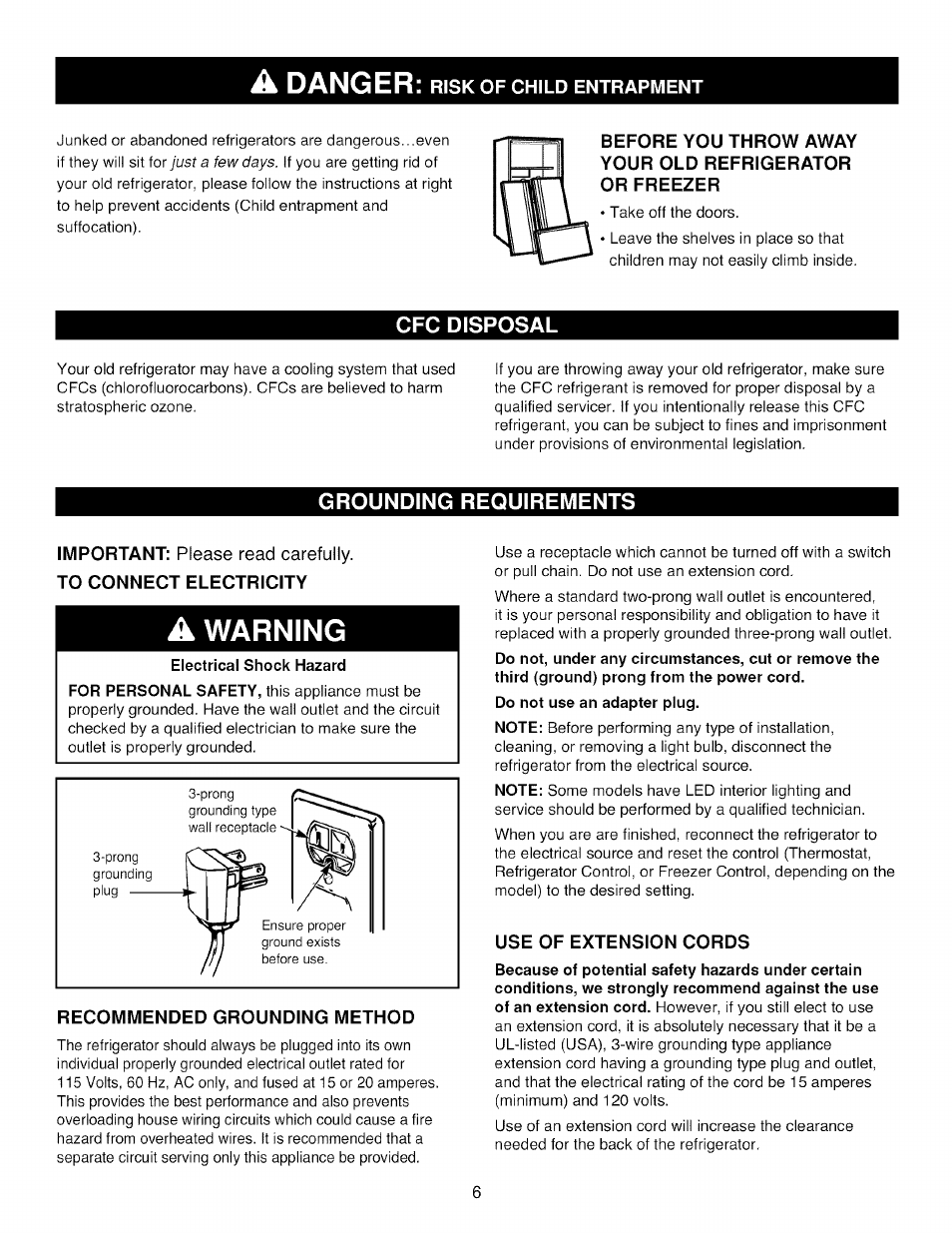 I risk of child entrapment, Cfc disposal, Grounding requirements | A warning, Electrical shock hazard, Recommended grounding method, Use of extension cords, Danger | Kenmore TRIO 795.785 User Manual | Page 6 / 36