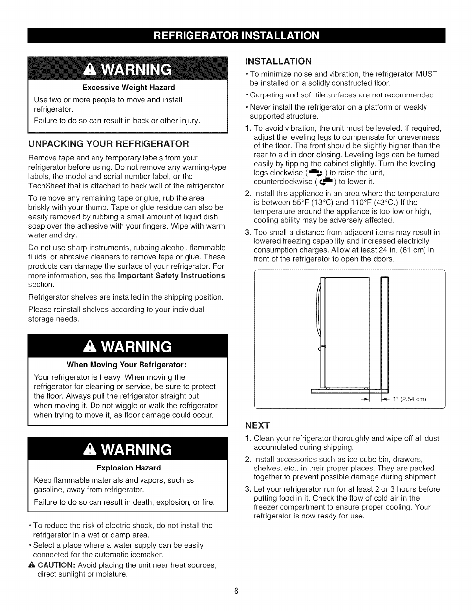 Warning, A warning, Explosion hazard | Installation, Next, Refrigerator installation | Kenmore TRIO 795.785 User Manual | Page 8 / 36
