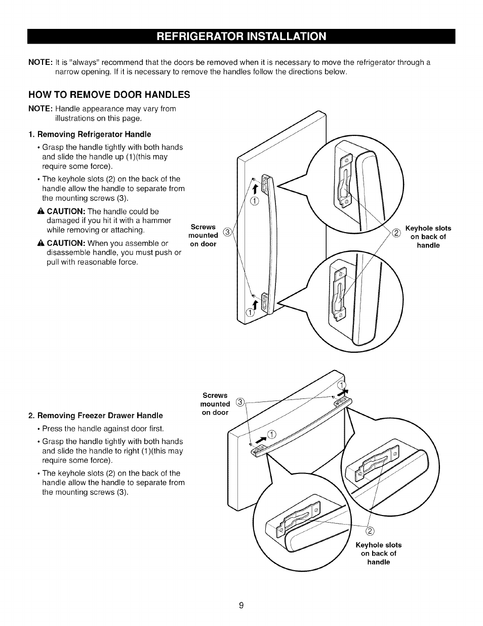 Howto remove door handles, Removing refrigerator handle, Removing freezer drawer handle | Refrigerator installation | Kenmore TRIO 795.785 User Manual | Page 9 / 36