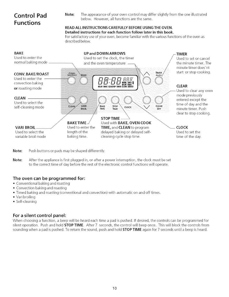 Bake, Conv. bake/roast, Clean | Vari broil, Baketime, Clear, Clock, The oven can be programmed for, For a silent control panel, Control pad functions | Kenmore 790.75503 User Manual | Page 10 / 76