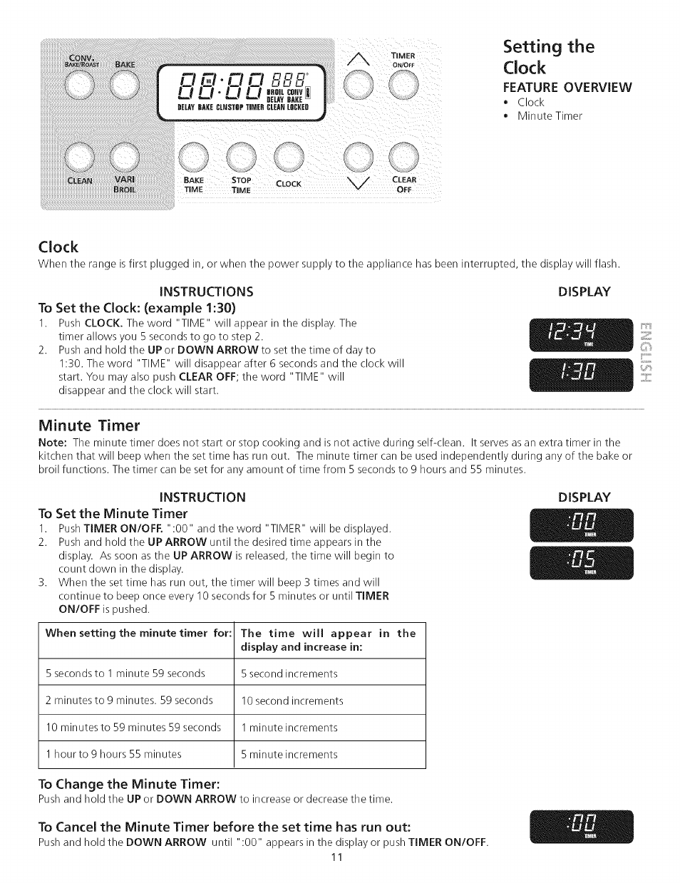 Setting the clock, Clock, Minute timer | Instruction to set the minute timer, To change the minute timer, Timer, Minute | Kenmore 790.75503 User Manual | Page 11 / 76