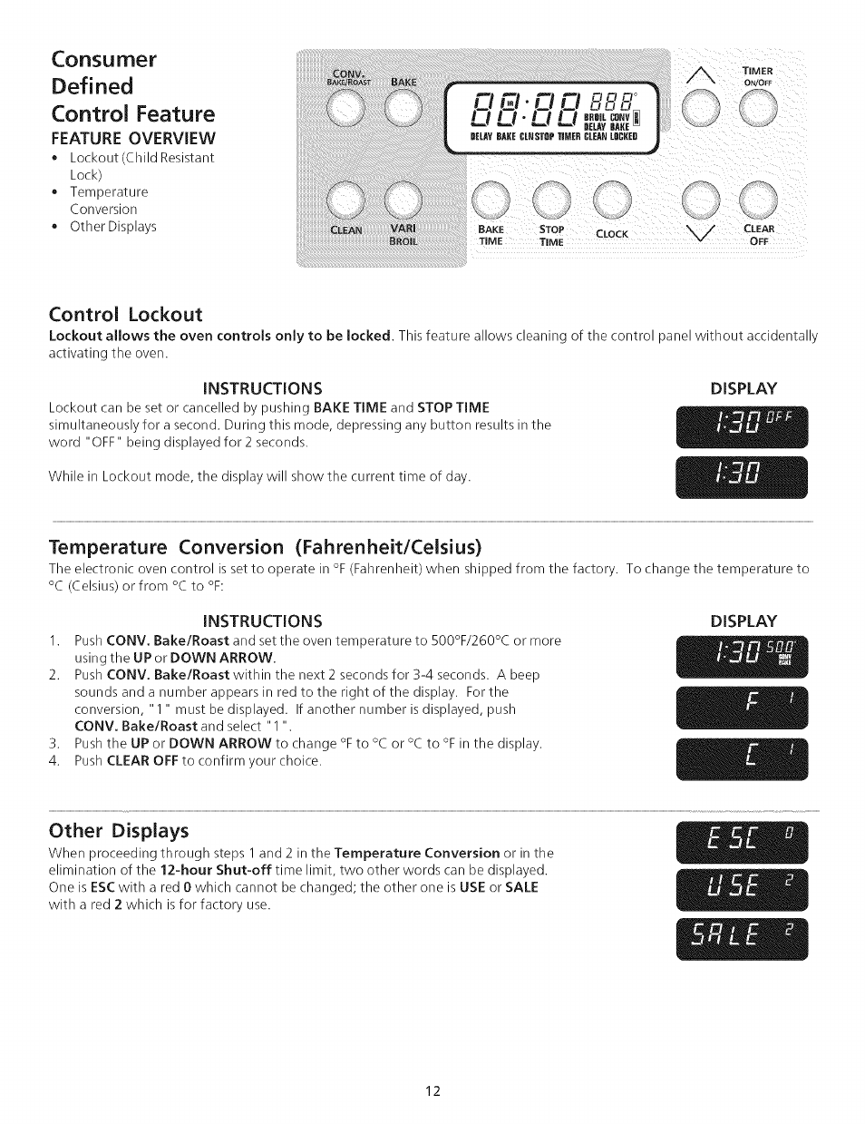 Consumer, Control feature, Control lockout | Instructions, Temperature conversion (fahrenheit/celsius), Display, Other displays, Defined | Kenmore 790.75503 User Manual | Page 12 / 76