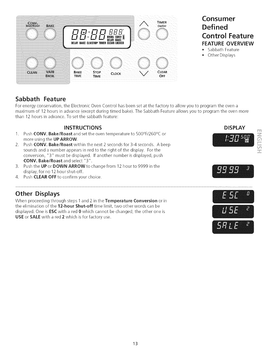 Consumer, Sabbath feature, Display | Other displays, Defined control feature | Kenmore 790.75503 User Manual | Page 13 / 76