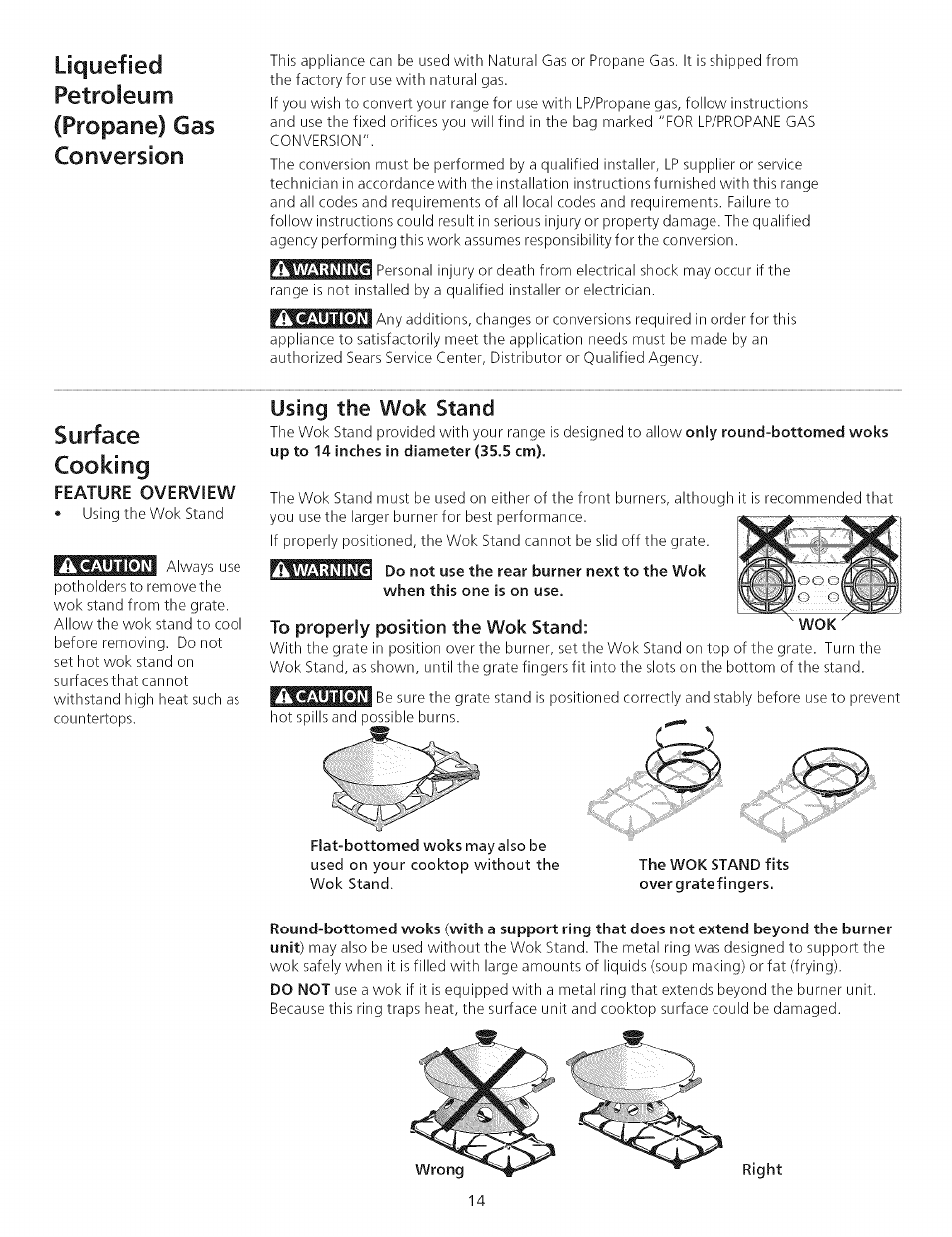 Using the wok stand, Feature overview, To properly position the wok stand | The wok stand fits overgratefingers, Liquefied petroleum (propane) gas conversion, Surface cooking | Kenmore 790.75503 User Manual | Page 14 / 76