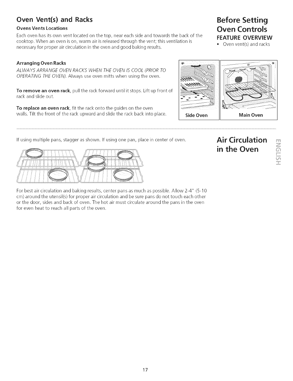 Oven vent(s) and racks, Ovens vents locations, Arranging oven racks | Before setting oven controls, Air circulation in the oven | Kenmore 790.75503 User Manual | Page 17 / 76