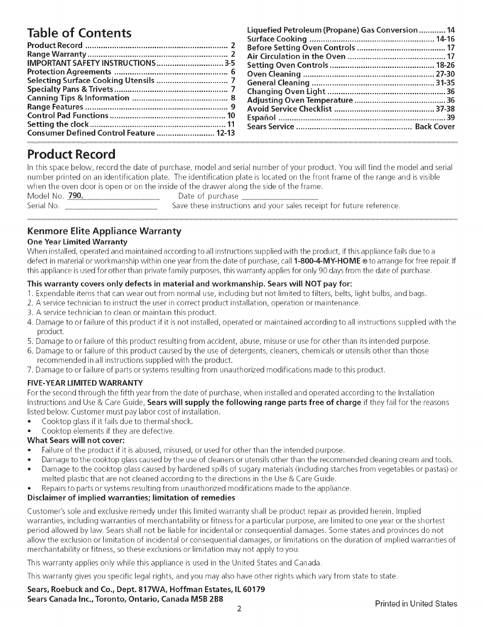 Kenmore 790.75503 User Manual | Page 2 / 76