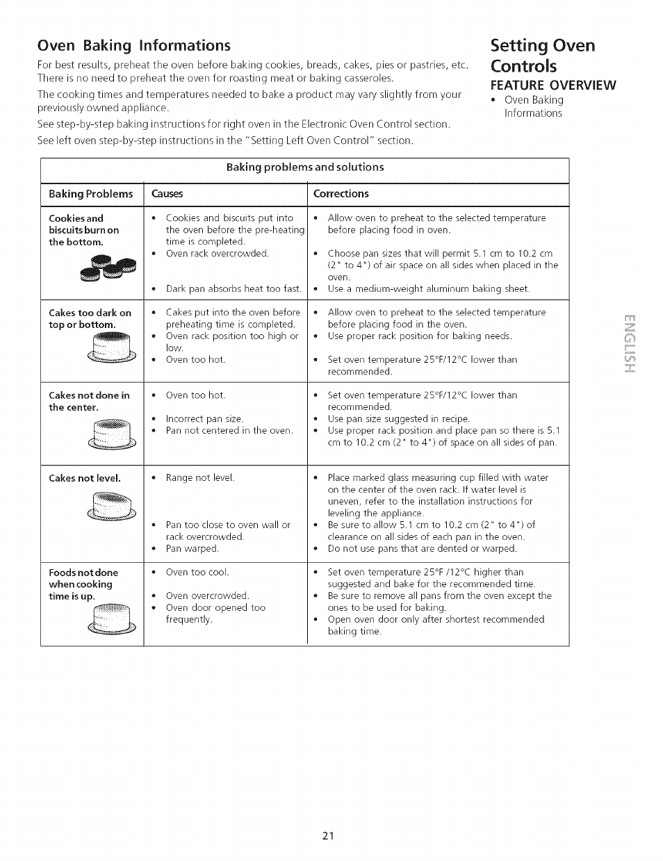 Oven baking informations, Controls, Baking problems and solutions | Baking problems, Corrections, Setting oven, Feature overview | Kenmore 790.75503 User Manual | Page 21 / 76