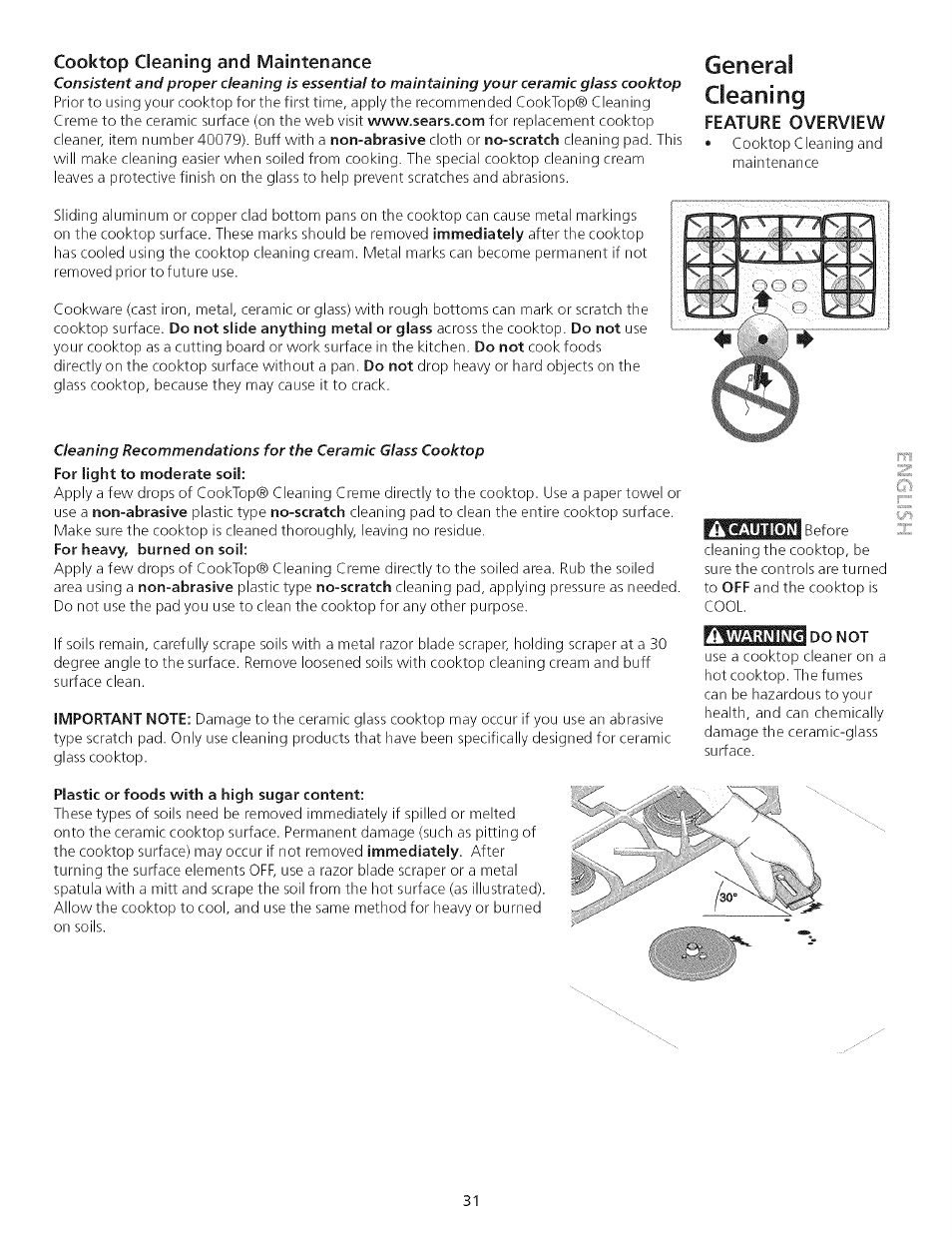 Cooktop cleaning and maintenance, Plastic or foods with a high sugar content, Ik caution | A warning, I do not, General cleaning, O o о, Y "7 | Kenmore 790.75503 User Manual | Page 31 / 76